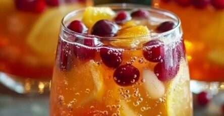Grand pichet de cocktail de Noël aux fruits, avec tranches d’orange, baies rouges et menthe fraîche, servi dans des verres givrés au sucre.
