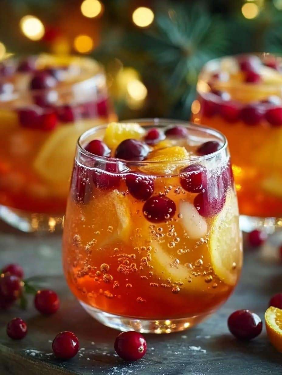 Grand pichet de cocktail de Noël aux fruits, avec tranches d’orange, baies rouges et menthe fraîche, servi dans des verres givrés au sucre.