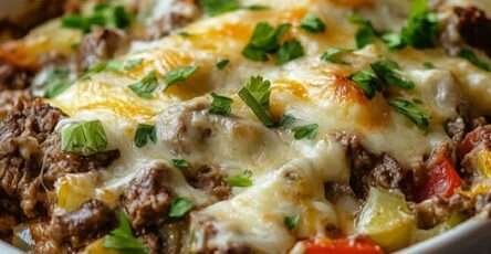 Steak au fromage Philly en cocotte avec macaroni et fromage gratiné, servi dans un plat familial