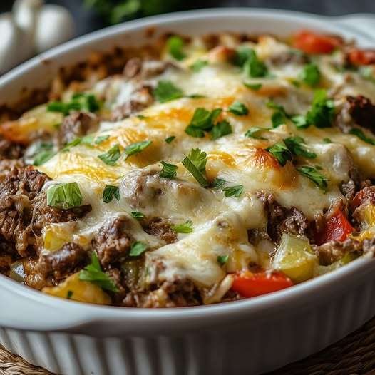 Steak au fromage Philly en cocotte avec macaroni et fromage gratiné, servi dans un plat familial
