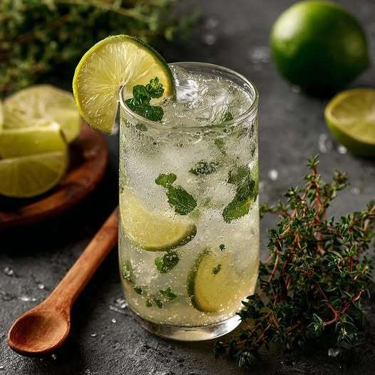 Verre de mojito sans alcool au citron vert, menthe fraîche et glaçons pétillants sur une table d’été