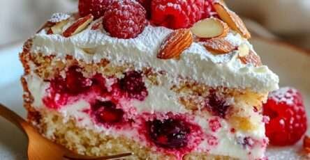 Gros plan sur un gâteau au yaourt garni de crème légère, framboises fraîches et amandes effilées dorées.