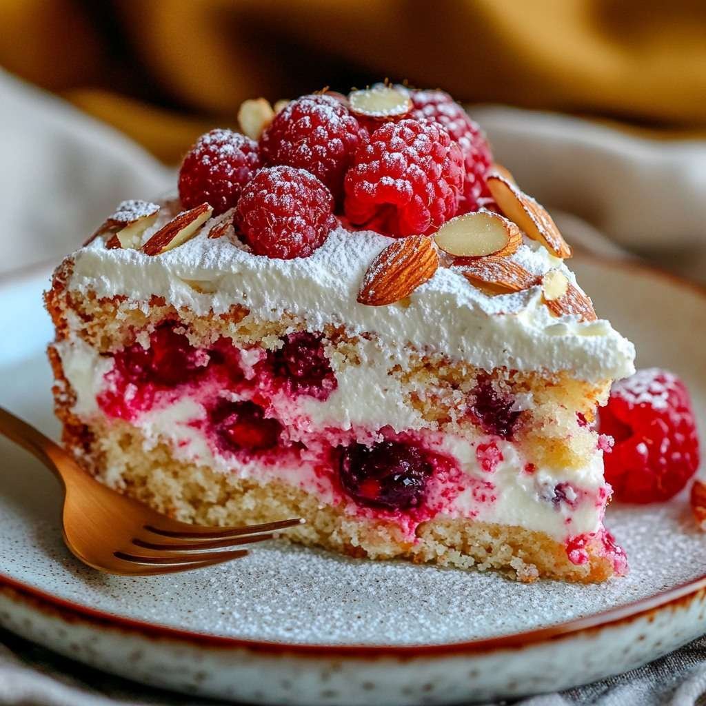 Gros plan sur un gâteau au yaourt garni de crème légère, framboises fraîches et amandes effilées dorées.