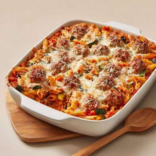 Gratin de pâtes aux boulettes de bœuf, courgette et fromage gratiné dans un plat familial au four