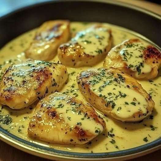 Assiette de filets de poulet crémeux à l’ail nappés de sauce aux herbes fraîches
