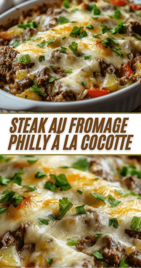 Steak au fromage Philly en cocotte avec macaroni et fromage gratiné, servi dans un plat familial