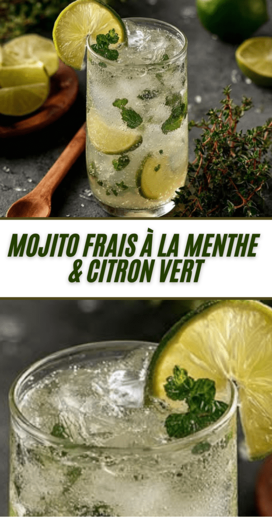 Verre de mojito sans alcool au citron vert, menthe fraîche et glaçons pétillants sur une table d’été