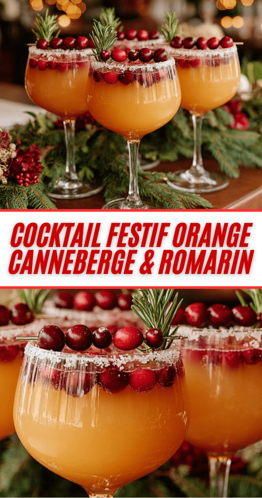 Cocktail festif sans alcool à l’orange, canneberges et romarin dans un verre givré de sucre