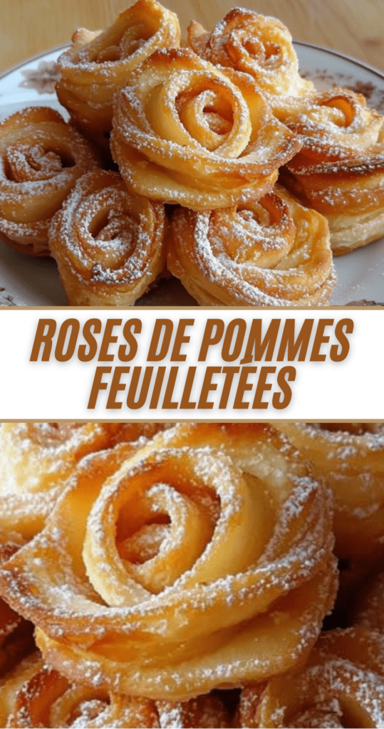Roses de pommes feuilletées dorées, roulées en forme de fleurs dans des moules à muffins.