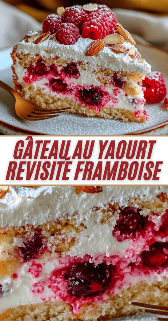 Gros plan sur un gâteau au yaourt garni de crème légère, framboises fraîches et amandes effilées dorées.