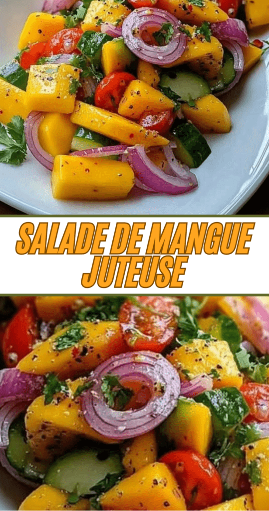 Salade de mangue juteuse avec poivron, concombre et oignon rouge, assaisonnée d’une vinaigrette citron-citron vert dans un grand saladier.