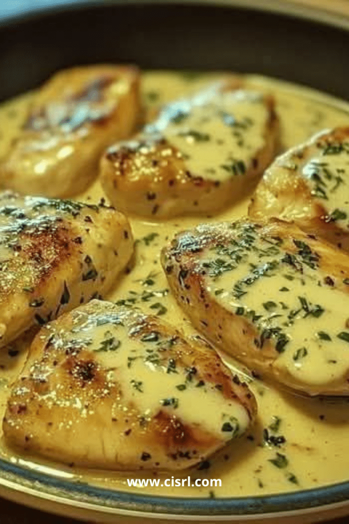 Assiette de filets de poulet crémeux à l’ail nappés de sauce aux herbes fraîches