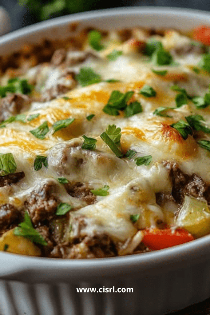 Steak au fromage Philly en cocotte avec macaroni et fromage gratiné, servi dans un plat familial