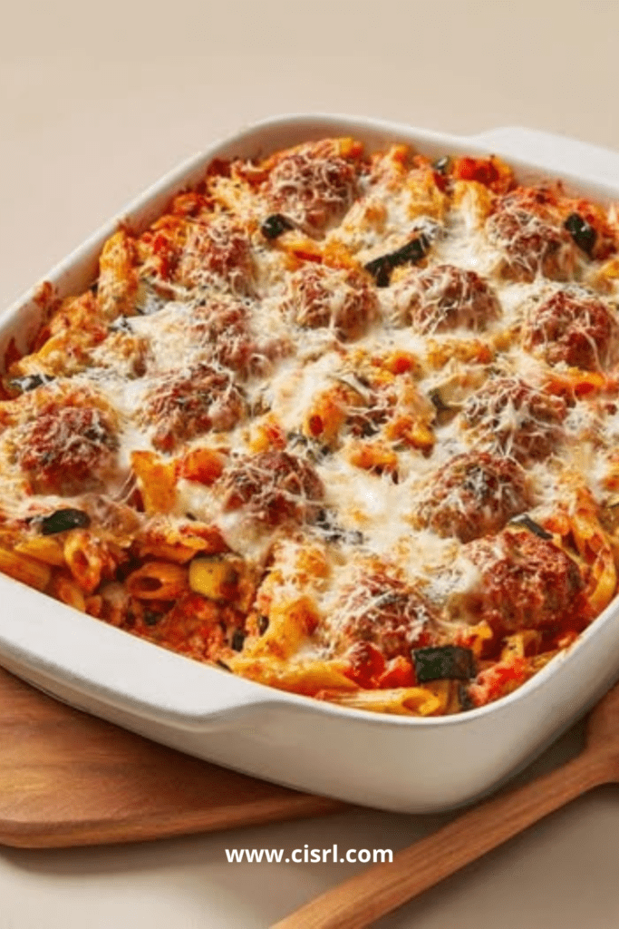 Gratin de pâtes aux boulettes de bœuf, courgette et fromage gratiné dans un plat familial au four