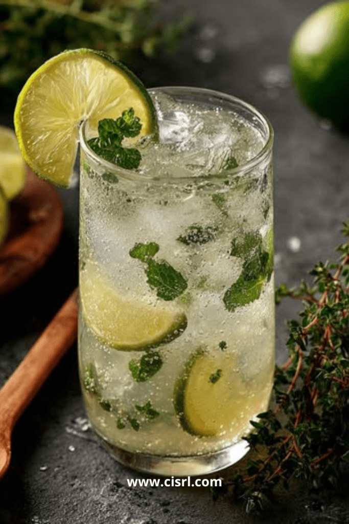 Verre de mojito sans alcool au citron vert, menthe fraîche et glaçons pétillants sur une table d’été