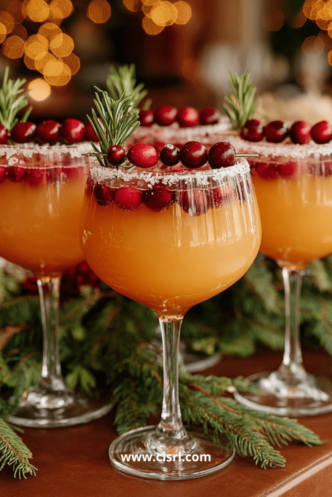 Cocktail festif sans alcool à l’orange, canneberges et romarin dans un verre givré de sucre