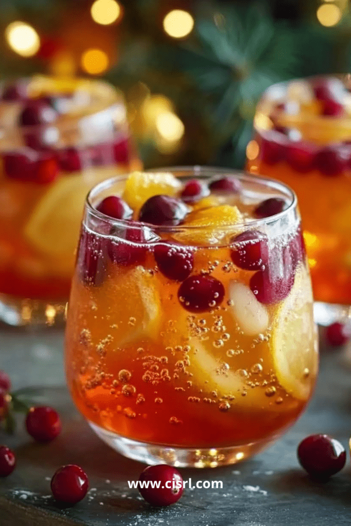 Grand pichet de cocktail de Noël aux fruits, avec tranches d’orange, baies rouges et menthe fraîche, servi dans des verres givrés au sucre.