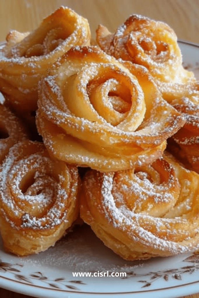 Roses de pommes feuilletées dorées, roulées en forme de fleurs dans des moules à muffins.