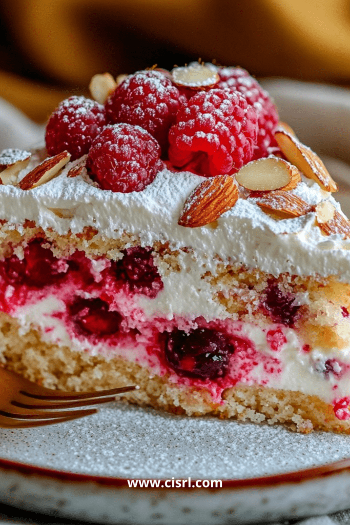 Gros plan sur un gâteau au yaourt garni de crème légère, framboises fraîches et amandes effilées dorées.
