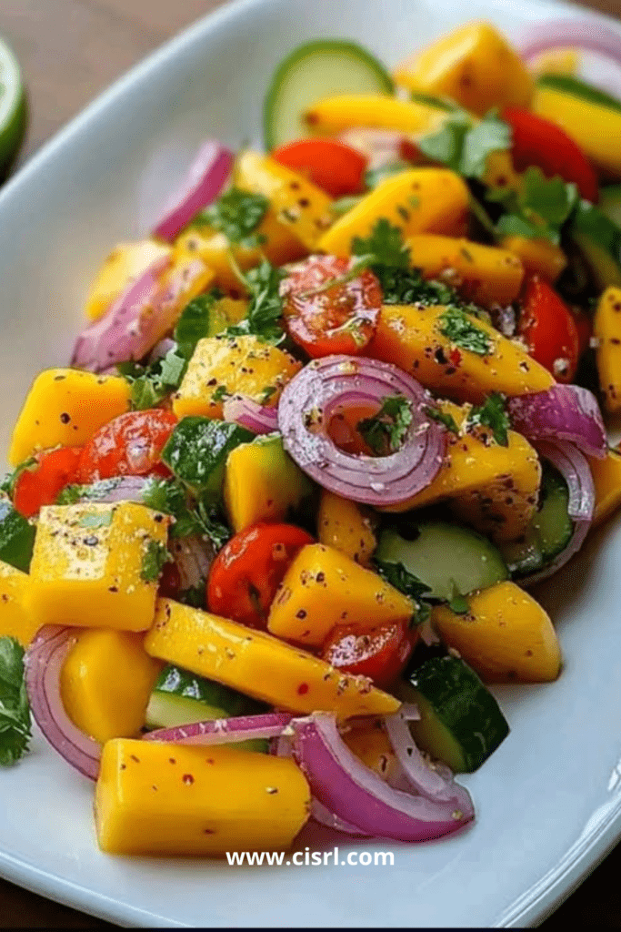 Salade de mangue juteuse avec poivron, concombre et oignon rouge, assaisonnée d’une vinaigrette citron-citron vert dans un grand saladier.