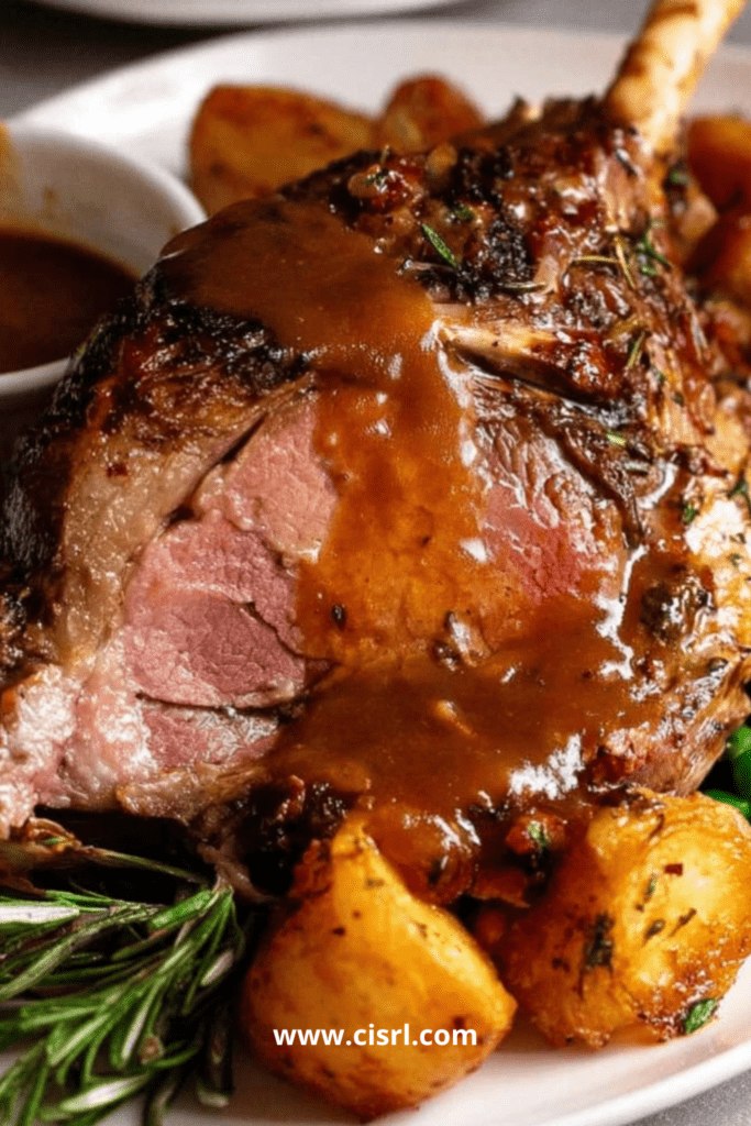 Gigot d’agneau rôti tranché, nappé de sauce au vin blanc et parsemé d’herbes fraîches dans un grand plat de service familial.
