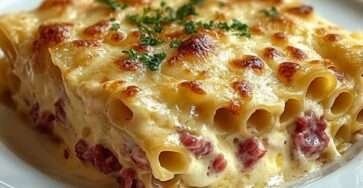 Gratin de pâtes jambon fromage gratiné au four dans un plat familial