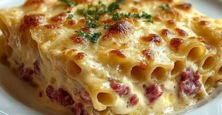 Gratin de pâtes jambon fromage gratiné au four dans un plat familial