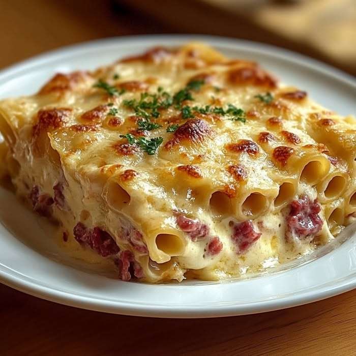 Gratin de pâtes jambon fromage gratiné au four dans un plat familial