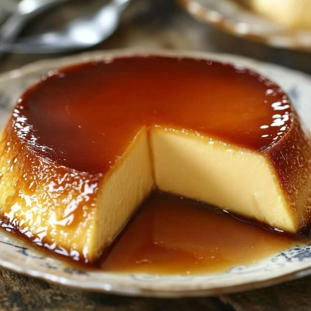 Flan caramel façon grand-mère démoulé sur plat blanc, nappé de caramel doré et brillant