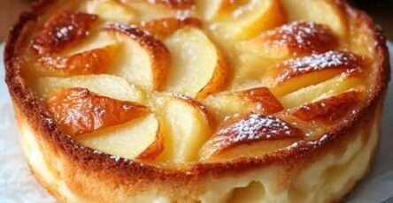 Flan aux pommes et yaourt doré dans un moule rond, posé sur une table en bois