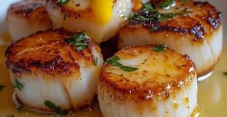 Assiette de noix de Saint-Jacques poêlées au beurre citronné avec persil frais finement ciselé