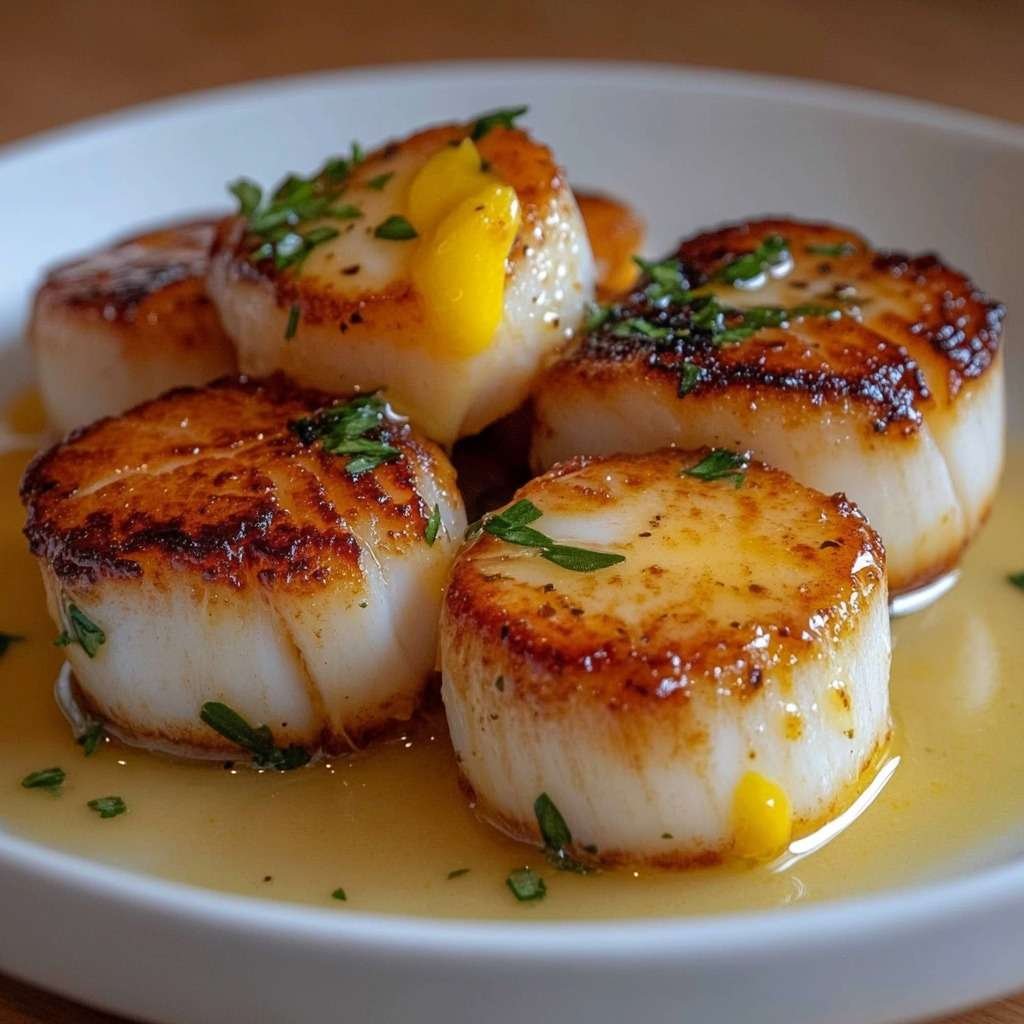 Assiette de noix de Saint-Jacques poêlées au beurre citronné avec persil frais finement ciselé