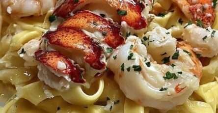 Assiette de tagliatelles Alfredo au homard et crevettes avec sauce crémeuse au parmesan