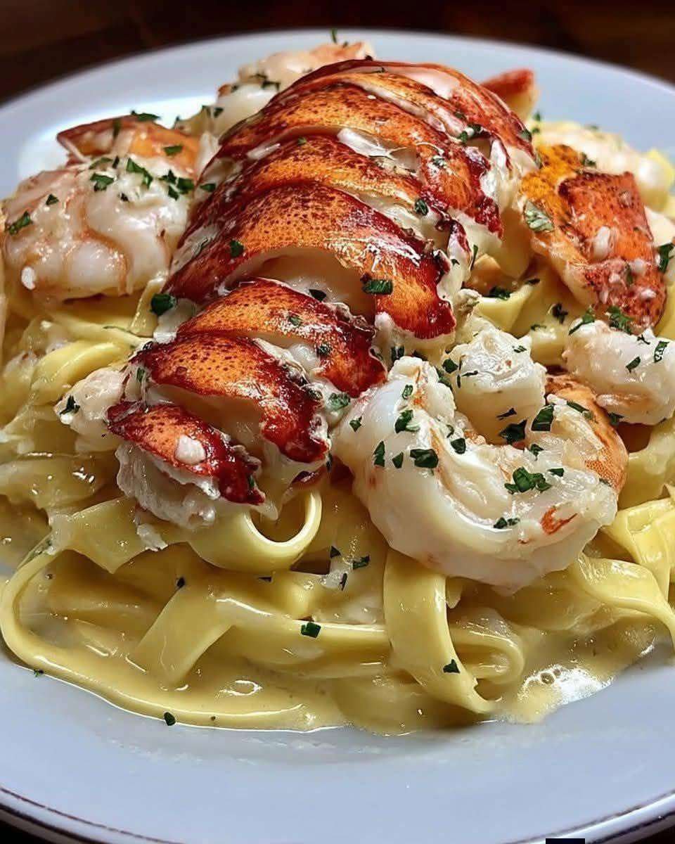 Assiette de tagliatelles Alfredo au homard et crevettes avec sauce crémeuse au parmesan