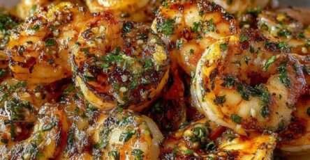 Crevettes sautées à l’ail et aux herbes dans une poêle, nappées d’huile d’olive et de persil frais