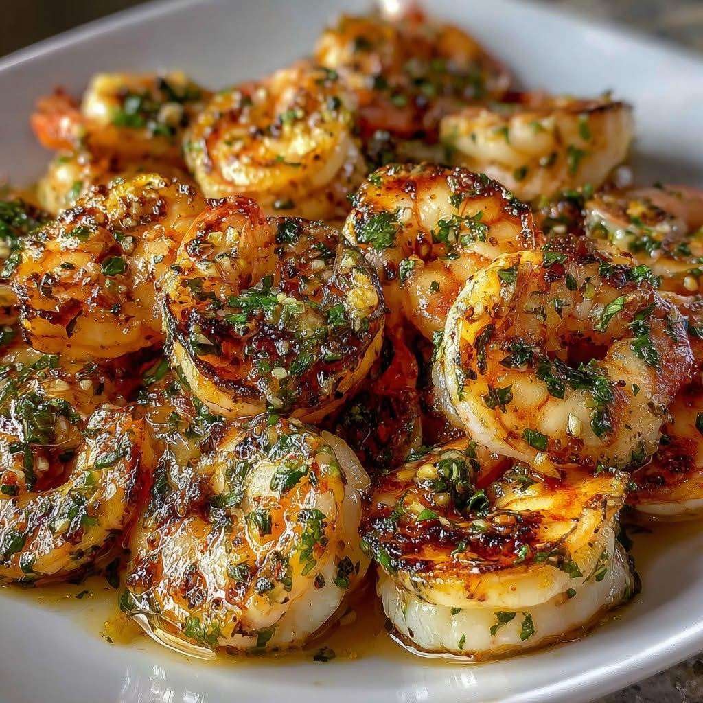 Crevettes sautées à l’ail et aux herbes dans une poêle, nappées d’huile d’olive et de persil frais