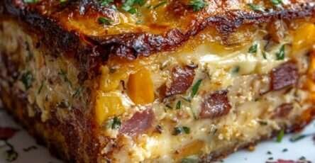 Gratin de légumes et jambon anti gaspi doré au four dans un plat familial