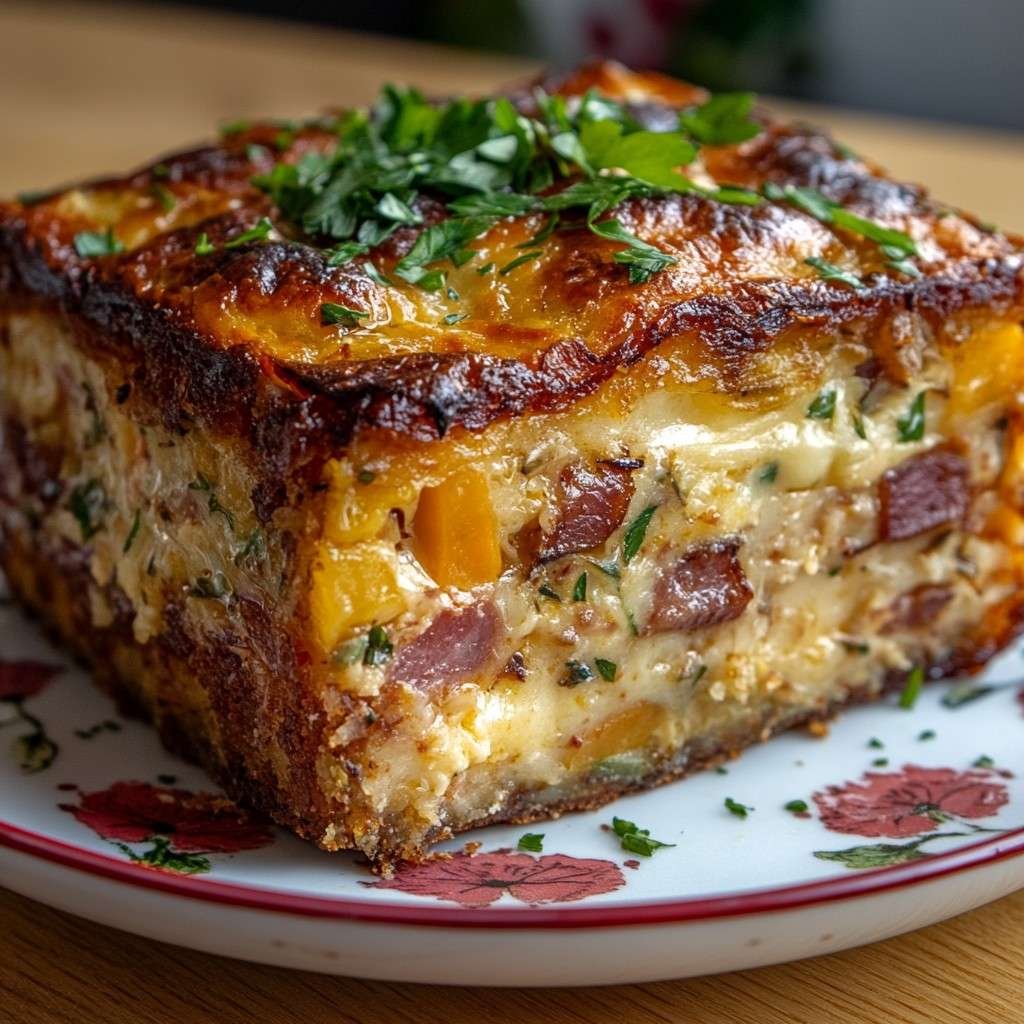 Gratin de légumes et jambon anti gaspi doré au four dans un plat familial