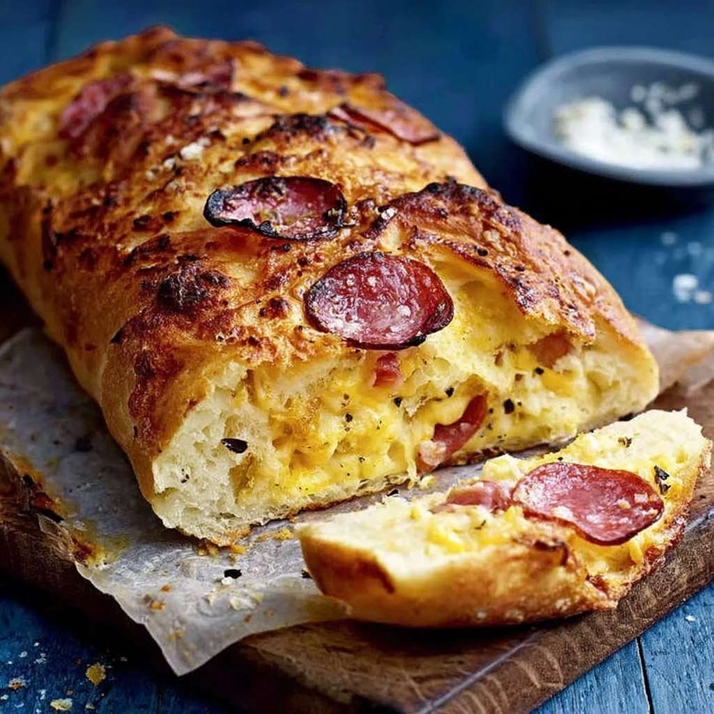 Pain rassis farci au fromage et chorizo, gratiné au four et servi sur une planche