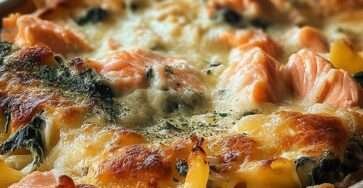 Gratin saumon et épinards crémeux et doré dans un plat au four