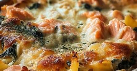 Gratin saumon et épinards crémeux et doré dans un plat au four