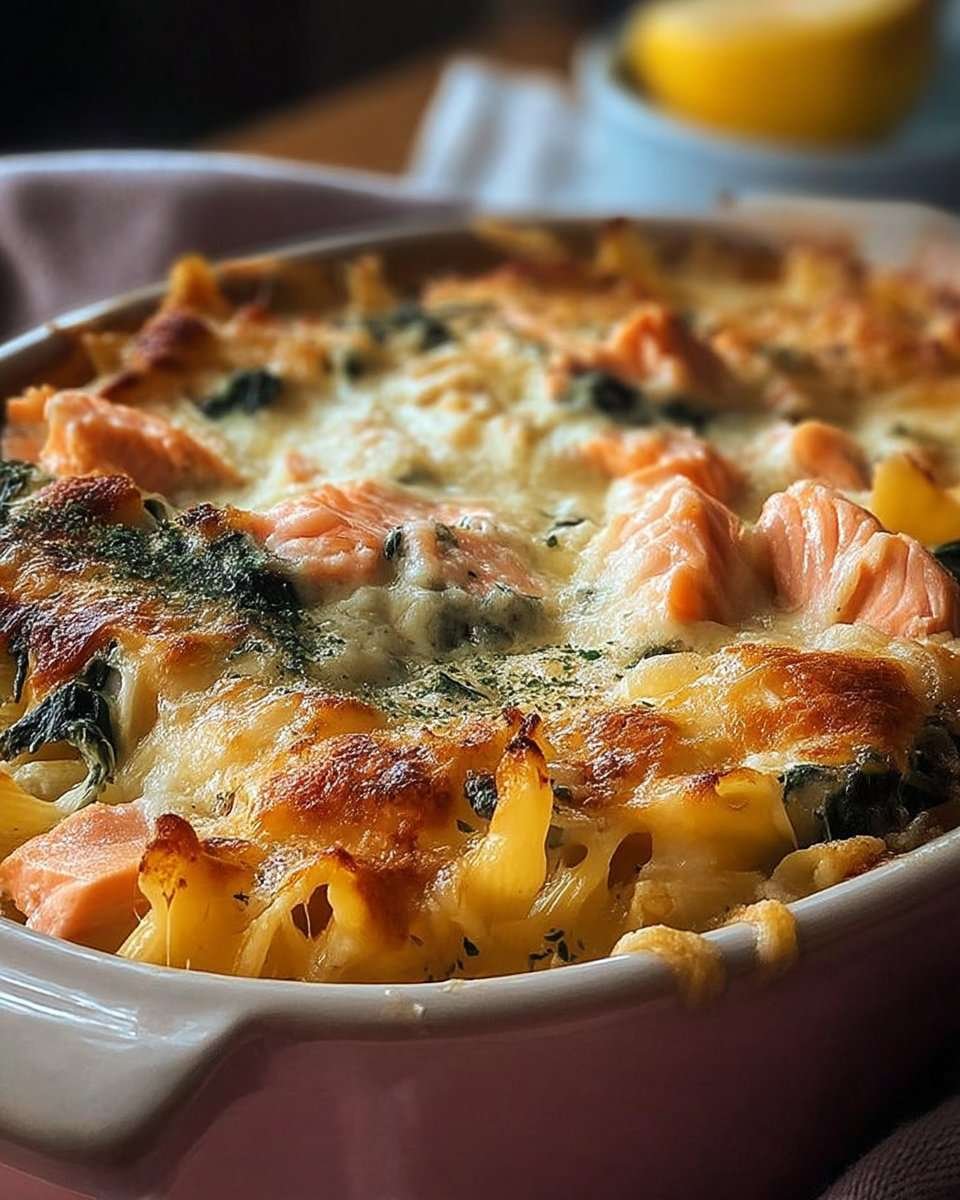 Gratin saumon et épinards crémeux et doré dans un plat au four