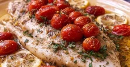 Poisson au four citron et tomates cerises dans un plat avec tomates cerises rôties
