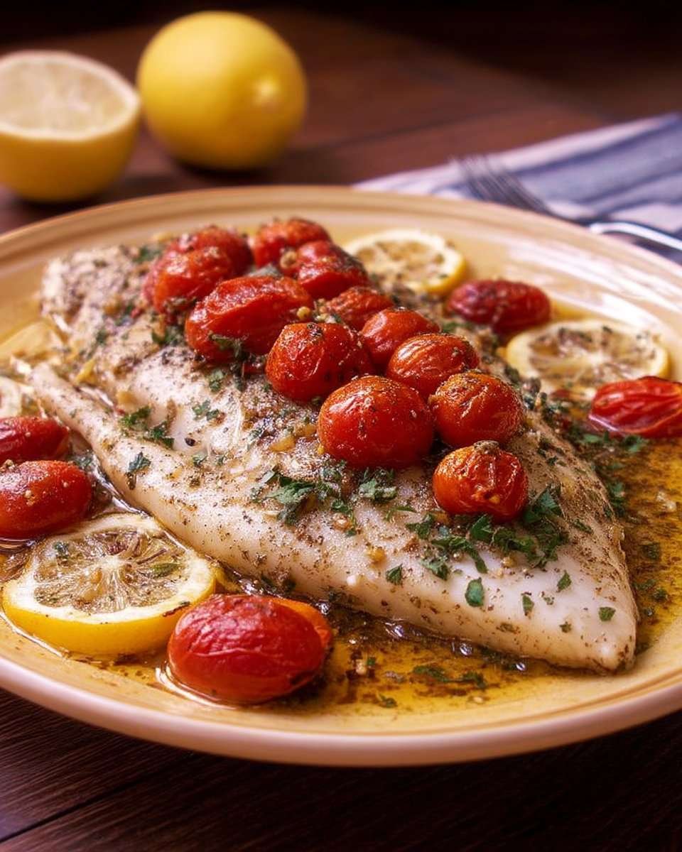 Poisson au four citron et tomates cerises dans un plat avec tomates cerises rôties