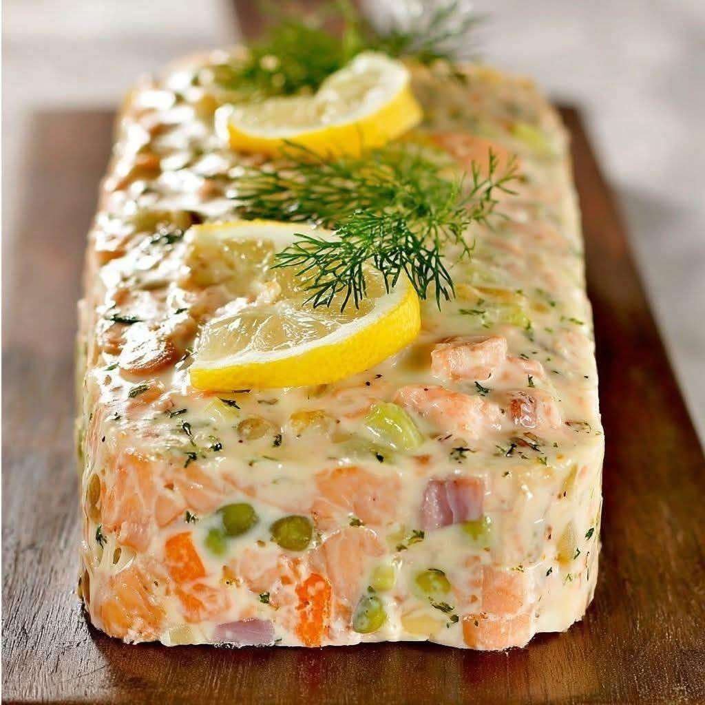 Tranches de terrine de poisson facile servies froides avec citron et salade