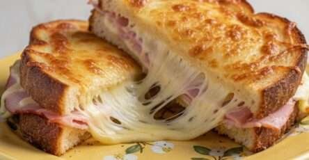 Croque jambon fromage ultra coulant doré à la poêle et coupé en deux avec fromage filant