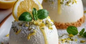 Dômes de mousse mascarpone citron basilic servis sur base biscuitée avec lemon curd et zestes de citron.