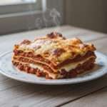 Plat de lasagnes express à la bolognaise bien gratinées, servies chaudes avec des couches fondantes de sauce et de béchamel.