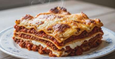 Plat de lasagnes express à la bolognaise bien gratinées, servies chaudes avec des couches fondantes de sauce et de béchamel.