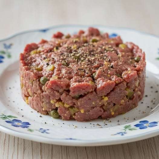 Assiette de tartare de bœuf aux câpres dressé au cercle avec échalote, cornichons et jaune d’œuf.
